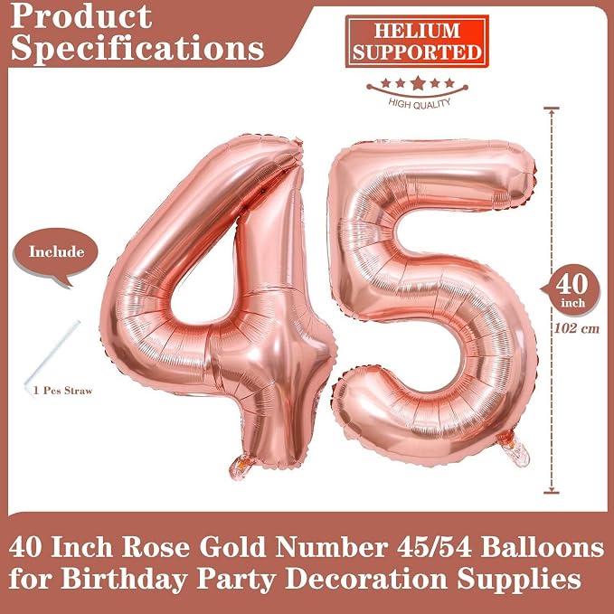 Rose Gold 45 Number Balloons, 40 Inch Giant Number 45 Balloons Foil Mylar - Image 2