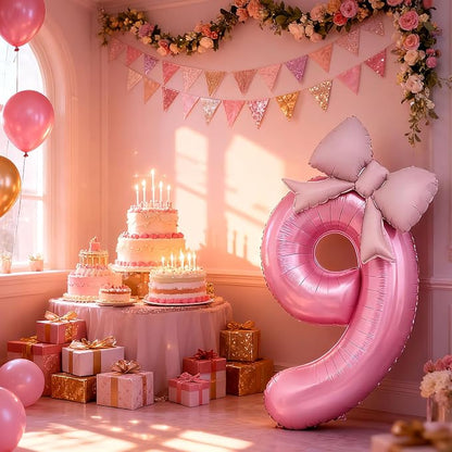 Bow Pink 9 Balloons, 40 Inch Giant Pink Bow Helium Foil Number 9 - Image 5