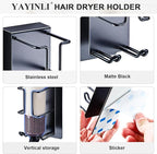 Blow Dryer Holder Wall Mount Hair Dryer Holder, Adhesive Straightener Holder, Curling Iron Holder for Bathroom Salon Barber Shop, Flat Iron Holder, Hair Tools Organizer Storage (Black)