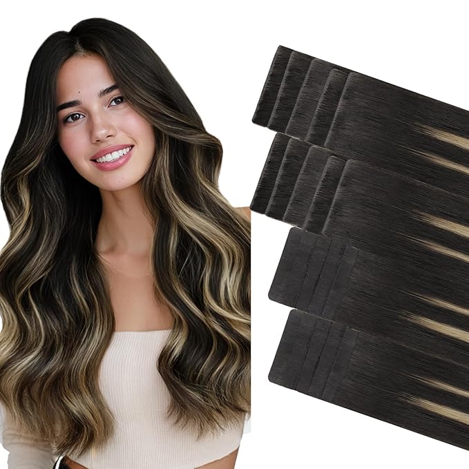 GOO GOO Invisi Edge Tape in Hair Extensions Human Hair, 1B/19/1B Natural Black to Light Blonde 10pcs injected with 10pcs classical tape ins, 20inch 50g, Virgin Remy Hair, Natural Look