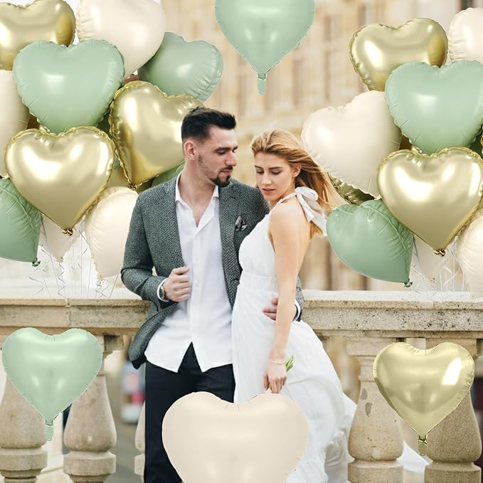 Sage Green Gold Heart Balloons, 18 Inch Olive Green Sand White Foil Balloons - Image 5