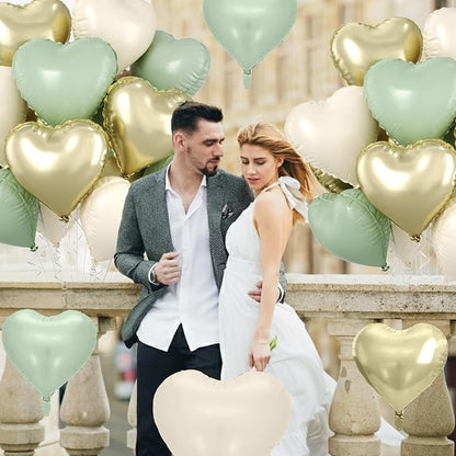 Sage Green Gold Heart Balloons, 18 Inch Olive Green Sand White Foil Balloons - Image 5