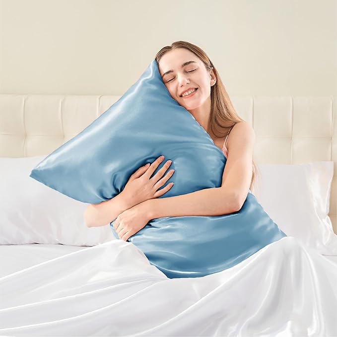 BEDELITE Satin Pillowcase with Zipper, Blue Pillow Cases Queen Size Set of 2, Super Soft and Cooling Similar to Silk Pillow Cases, Gift for Women Men(20x30 Inches)