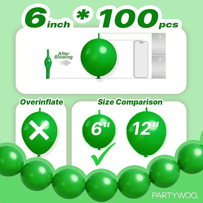 PartyWoo Green Linking Balloons 100pcs 6 Inch Green Link Balloons | - Image 4