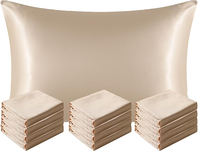 NTBAY 12 Pack Satin Standard Pillowcases for Hair and Skin, Luxurious and Silky Pillow Cases with Envelope Closure, 20 x 26 Inches, Taupe