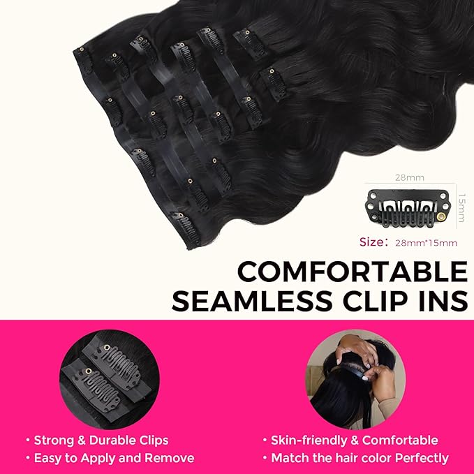 Lashey Seamless Clip in Hair Extensions Human Hair #1 Jet Black Body Wave 7pcs 110g 20 Inch Invisible PU Weft Human Hair Clip in Extensions for Women