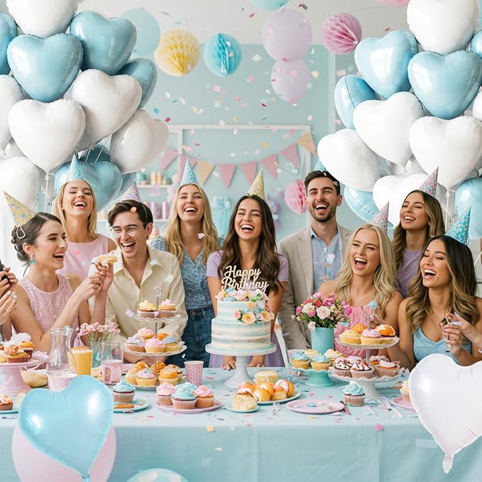 TONIFUL 30 Pcs Blue White Heart Balloons 18 Inch Heart Shape Foil Balloon | - Image 4