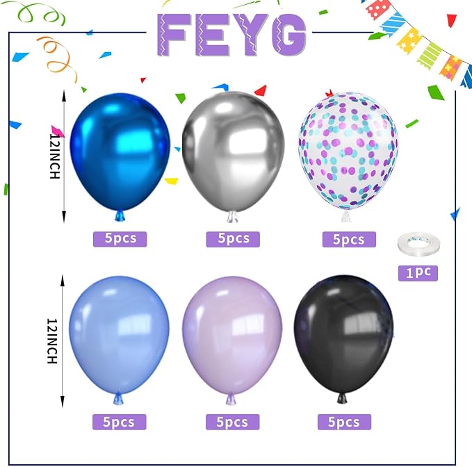 Outer Space Balloons, 12 Inch Metallic Black Purple Blue and Silver Confetti - Image 2