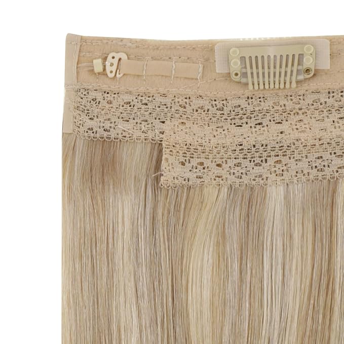 RUNATURE Wire Hair Extensions Real Human Hair, Fish Line Hair Extensions, Invisible Blonde Human Hairpieces, Add Volume, 12 Inch 70g #16P22 Dark Ash Blonde Highlight Light Blonde