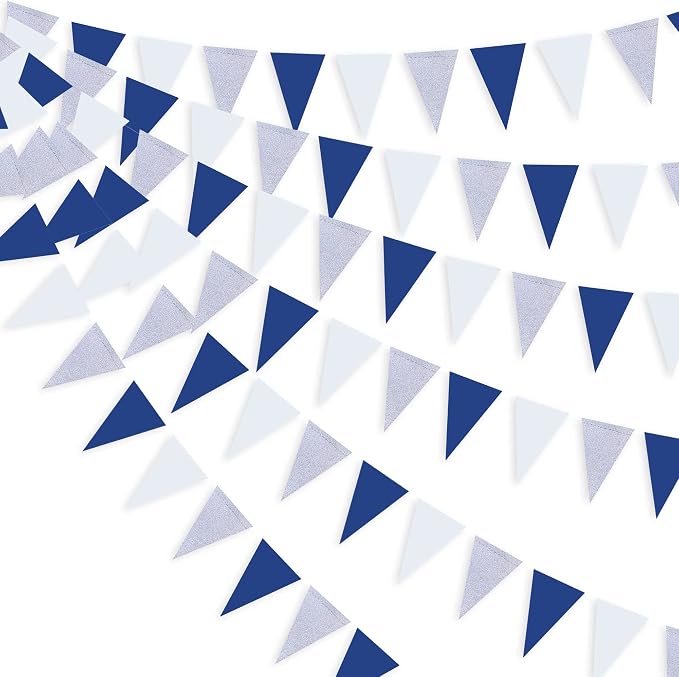 30 Ft Navy Blue White and Silver Party Decorations Royal Blue Triangle Flag by pinkblume