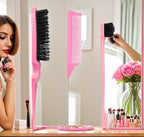 Pink Hair Brush Set - 3 Pcs, Slick Back, Rat Tail, Teasing Comb for Kids and Baby Hair Smoothing