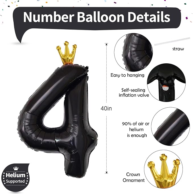 Crown Number Balloons 4 for Kids, Large Black Number Balloon 0-9 Set, Foil - Image 2