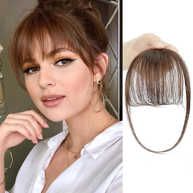 BOGSEA Bnags Hair Clip- Medium Brown Fake Bangs 100% Real Human Hair Extensions Wispy Bangs for Women Fringe with Temples Hairpieces Curved Bangs for Daily Wear（Medium Brown Wispy Bangs）