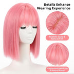 Allbell Pink Bob Wigs for Women Short Wig with Bangs Heat Resistant Synthetic Hair 12 inch for Daily Party Halloween Costume Use
