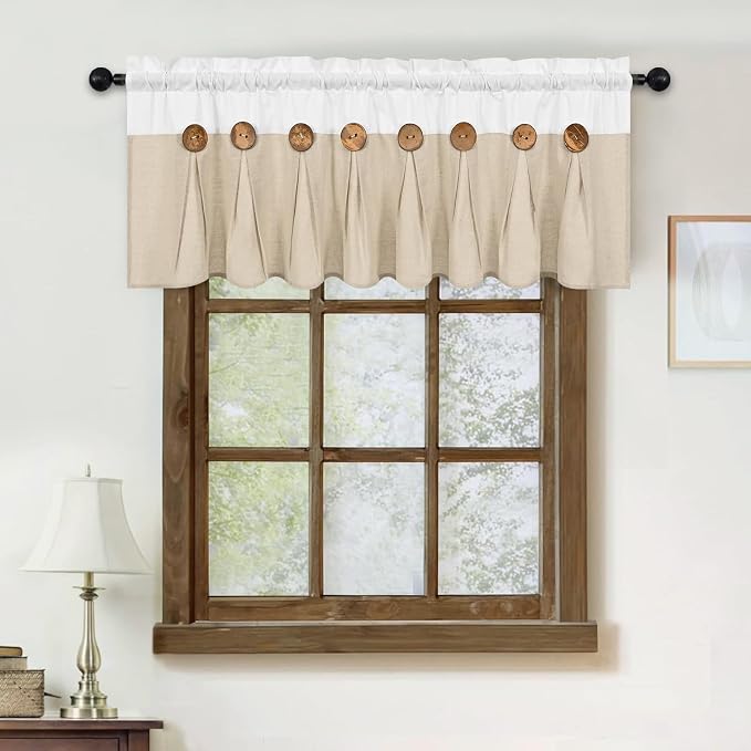 Farmhouse Valance Curtains, Boho Cotton Linen Kitchen Valance, Rustic Button - Image 3