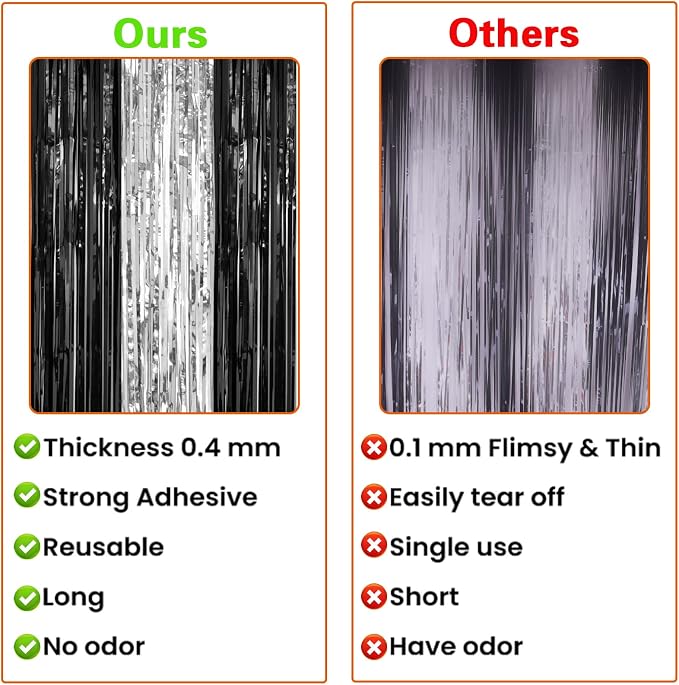 PIGETALE, 2 Pack 3.2 x 8.2 ft Black and Silver Foil Fringe Curtains Party - Image 5