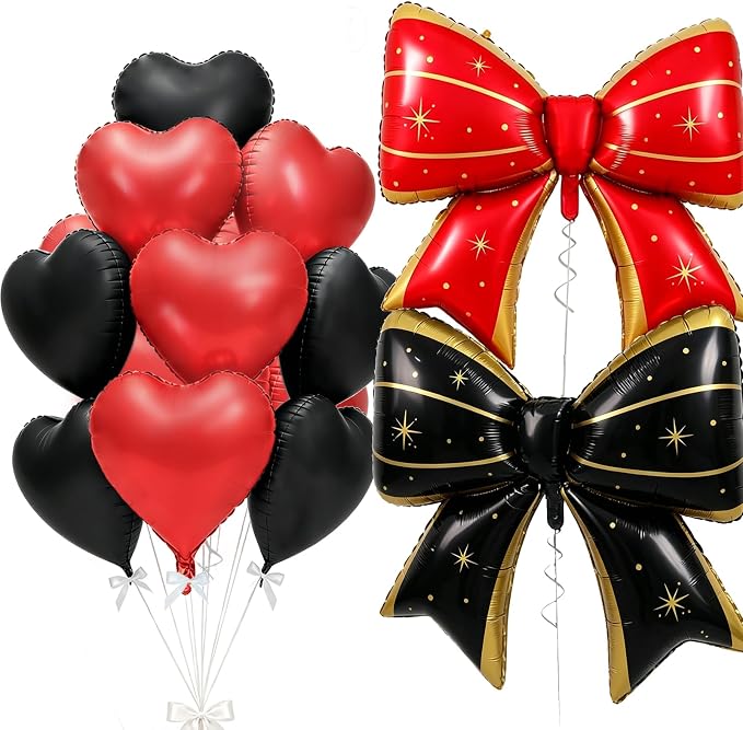 Vuzvuv Red Black Bow Heart Balloons Set, Anniversary, Bridal Shower（Mix Colors） by Vuzvuv