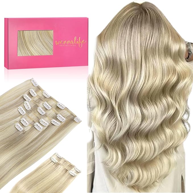 WENNALIFE Hair Extensions Clip In, 9pcs 14inch 150g Ash Blonde Highlighted Platinum Blonde Thicker Clip In Hair Extensions Real Human Hair Remy hair extension Double Weft Clip in Human Hair Extensions