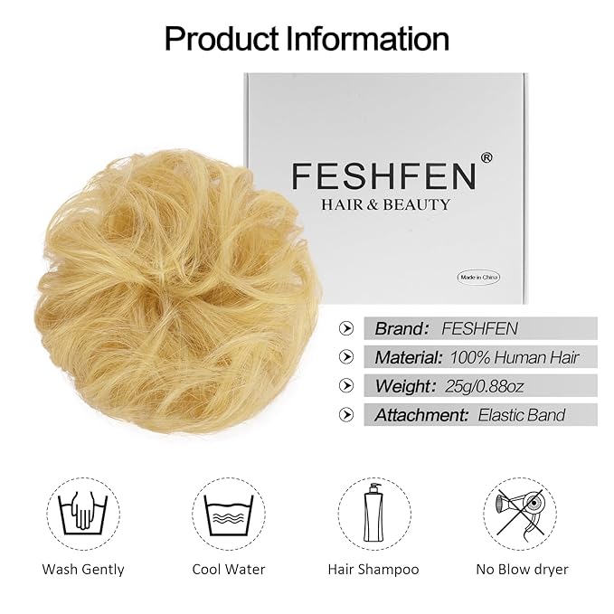 FESHFEN Human Messy Buns - 100% Human Hair Bun Real Scrunchies Hair Pieces Ponytail Extensions Wavy Tousled Updo Chignon Hairpieces for Women，Mixed Blonde