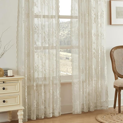 Vintage Khaki Lace Curtains 63 Inch Length 2 Panels Set Country Floral Sheer - Image 3