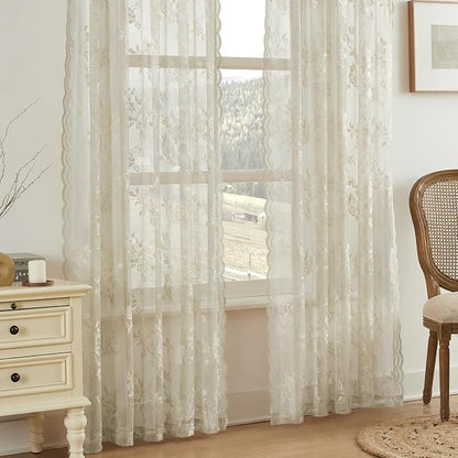 Khaki Lace Curtains 108 Inches Long 2 Panels Vintage Floral Curtains Botanical - Image 2