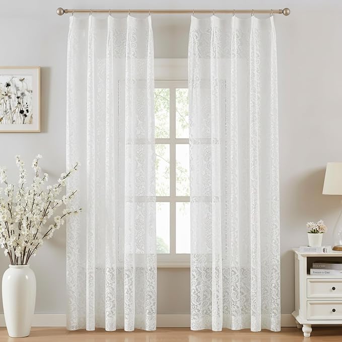 Bujasso White Lace Pinch Pleat Curtains 102 inch, Vintage Floral Sheer Drapes by Bujasso