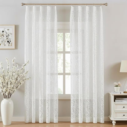 Bujasso White Lace Pinch Pleat Curtains 102 inch, Vintage Floral Sheer Drapes by Bujasso