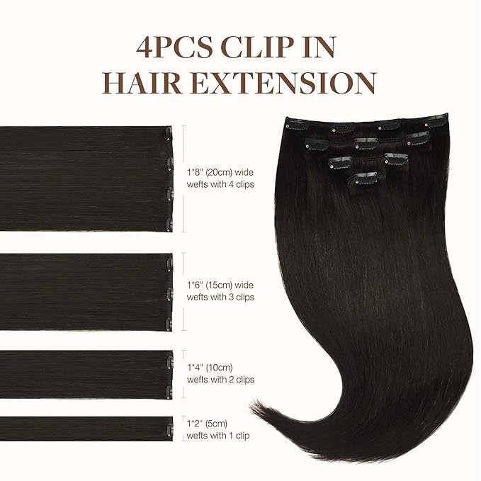 GOO GOO Clip in Hair Extensions Real Human Hair, Remy Human Hair Extensions Clip ins for Women, Natural Human Hair, 14inch 60g 4Pcs, 2 Dark Brown
