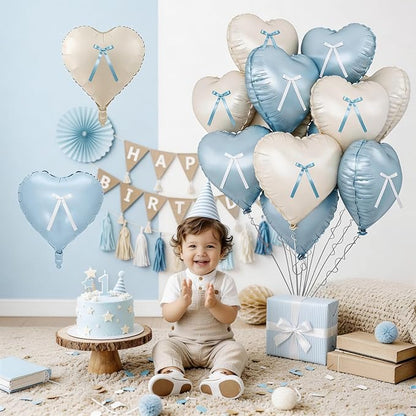 Blue White Heart Balloons with Ribbon Bow, 18 Inch Helium Balloon with Bow - Image 5