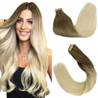 GOO GOO Tape in Hair Extensions Human Hair, 9/60 Balayage Ash Brown to Platinum Blonde, 22inch 50g 20pcs, Skin Weft Seamless Invisible, Silky Straight with Thick Ends, Remy Human Hair