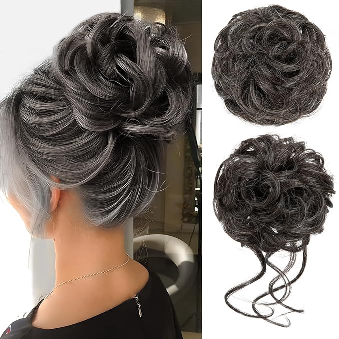 CJL HAIR 2PCS Messy Bun Hair Pieces Wavy Curly Synthetic Updo Chignon Fake Scrunchies Ponytail Extension for Women Pepper Grey