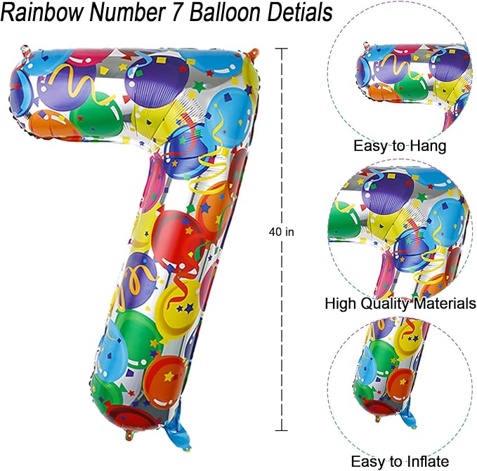 Rainbow Number 7 Balloon 40 Inch, Colorful Foil Number - Image 4