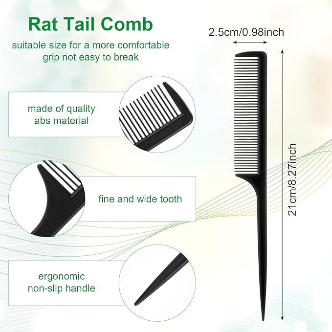 4Pcs Rat Tail Combs for Women - Anti-Static Carbon Fiber Parting & Styling Tail Combs for Braids, Updos (Black, Green)