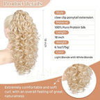 Flufymooz 100％ Pure Protein Ponytail Extension, 18 Inch Curly Claw Clip Ponytail Hair Extensions Natural Soft pony tail hairpiece for women-Light Blonde with White Blonde