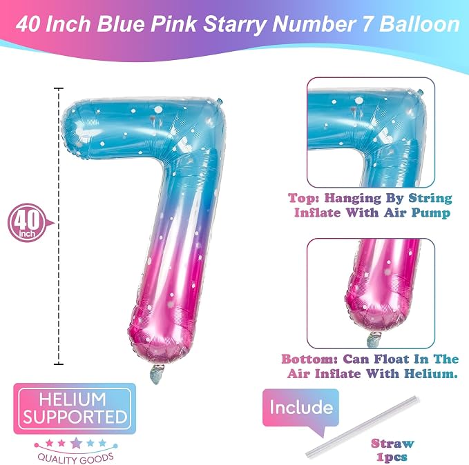 40 Inch Balloon Number 7 Mermaid, Large Mylar Foil Blue Pink Starry Number - Image 2