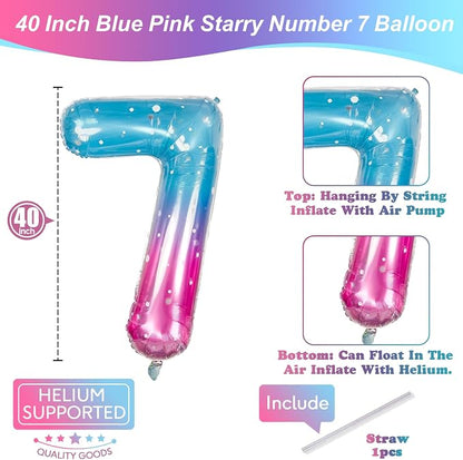 40 Inch Balloon Number 7 Mermaid, Large Mylar Foil Blue Pink Starry Number - Image 2