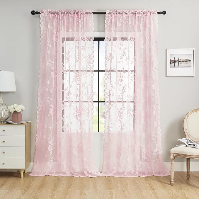 Pale Pink Lace Curtains 63 Inch Length 2 Panels set Rod Pocket Large Floral - Image 2
