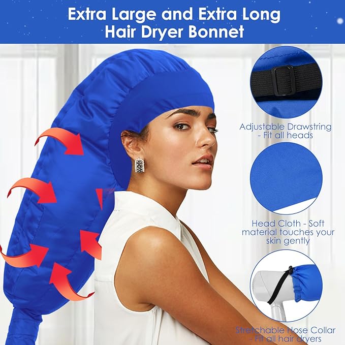 Hair Dryer Bonnet Attachment: Upgraded Extra Large Hooded Dryer Adjustable Hair Dryer Caps - Easy to Use for Natural Curly Textured Hair Care Styling Fast Drying - Blue