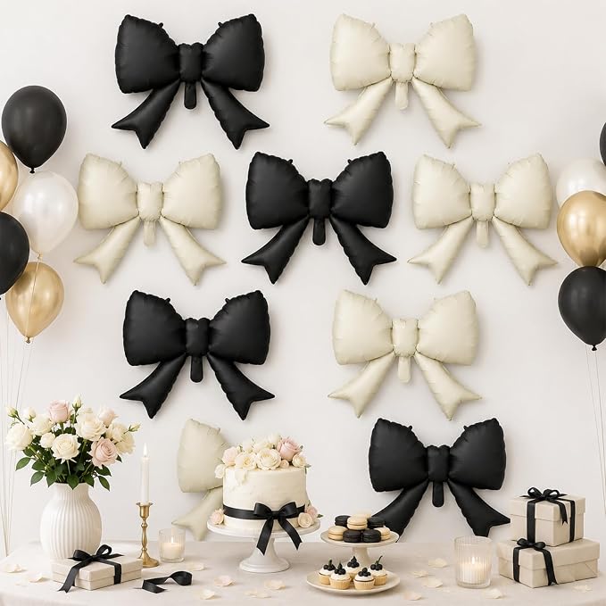 8Pcs Black White Bow Foil Balloons, 21Inch Black and White Bow Shaped Balloons - Image 6