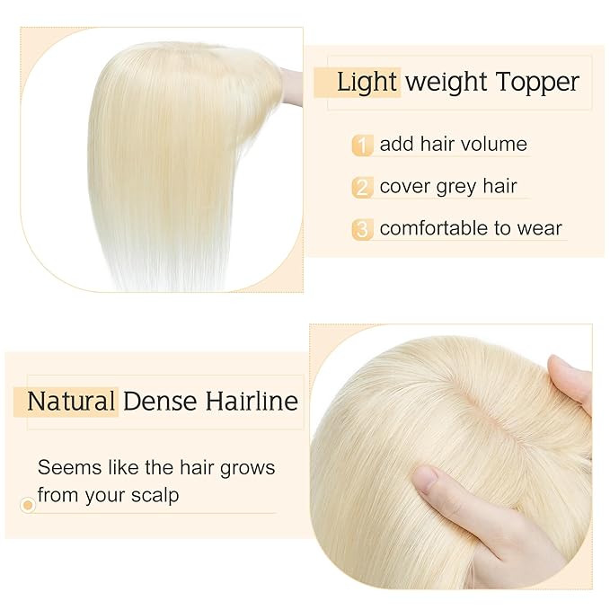 SEGO Hair Toppers for Women Real Human Hair With Bangs, 7 * 13CM Silk Base 100% Remy Human Hair Clip in Top Wiglet Hairpieces Add Volume -12 Inch 60 Platinum Blonde