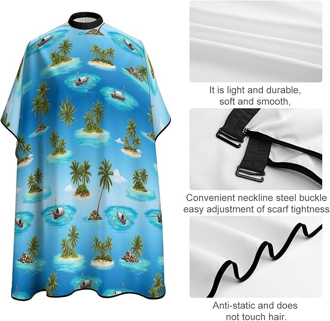 Full Coverage Hair Cutting Cape, Hairdressing Apron Palm Tree Boat Beach Ocean Sea Hawaiian Tropical Hair Cutting Gown for Makeup Artist Beautician