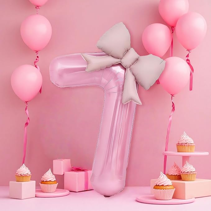 Bow Pink 7 Balloons, 40 Inch Giant Pink Bow Helium Foil Number 7 - Image 3