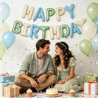 TONIFUL 16 Inch Sage Green Cream Blue Happy Birthday Balloons Banner Decor | - Image 6
