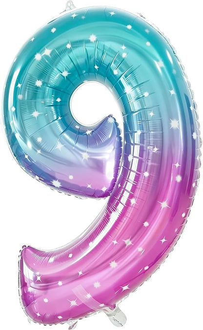 Number 9 Foil Balloon with Crown, 40-Inch Gradient | Gradient star print number by GifloonOfficial