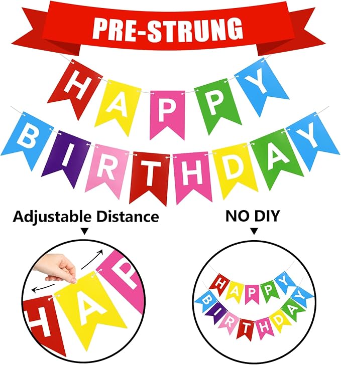 Pre-Strung Rainbow Happy Birthday Banner Sign Colorful Party Decorations | - Image 2