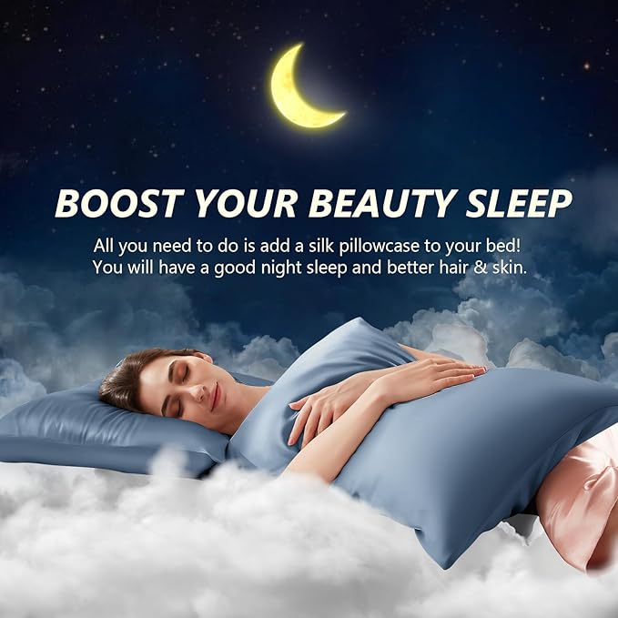 Silk Pillow Cases 2 Pack Standard Size Mulberry Silk Pillowcase Set of 2 for Hair & Skin 26 x 20 Inches 22 Momme Both Sided Grade 6A Silk Soft Breathable Cooling with Hidden Zipper, Grey Blue