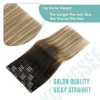 YoungSee Balayage Clip in Hair Extensions Real Human Hair Ombre Clip in Extensions Remy Hair Clip on Hair Extension Dark Brown Roots to Light Brown with Blonde 12inch 85g