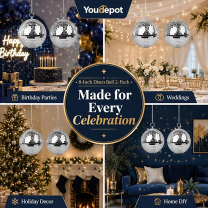 Youdepot 8-Inch Silver Disco Ball 2-Pack Mirror Ball | Hanging Mirror Ball - Image 10
