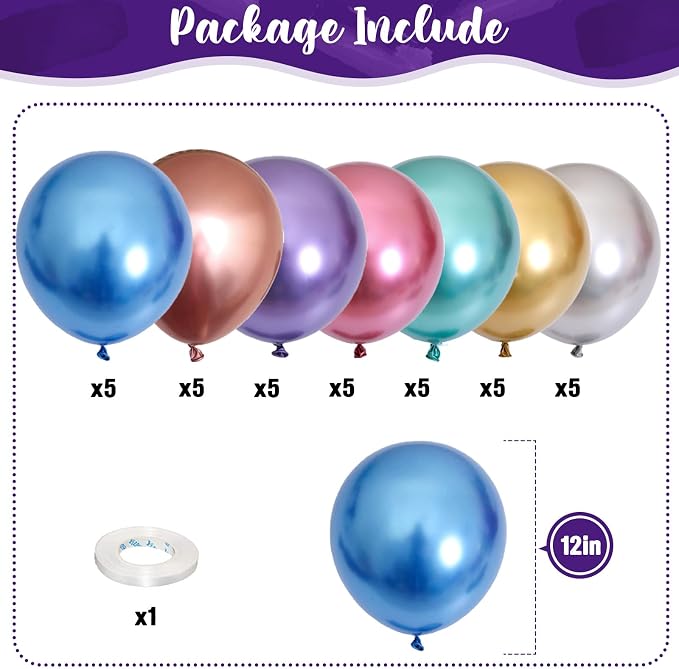 Metallic Balloons, 12 Inch Rainbow Chrome Balloons - Image 2