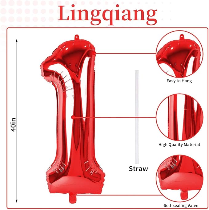 Red Number 1 Balloons, 40 Inch Large Foil Number Balloons Set 0-9 - Image 2